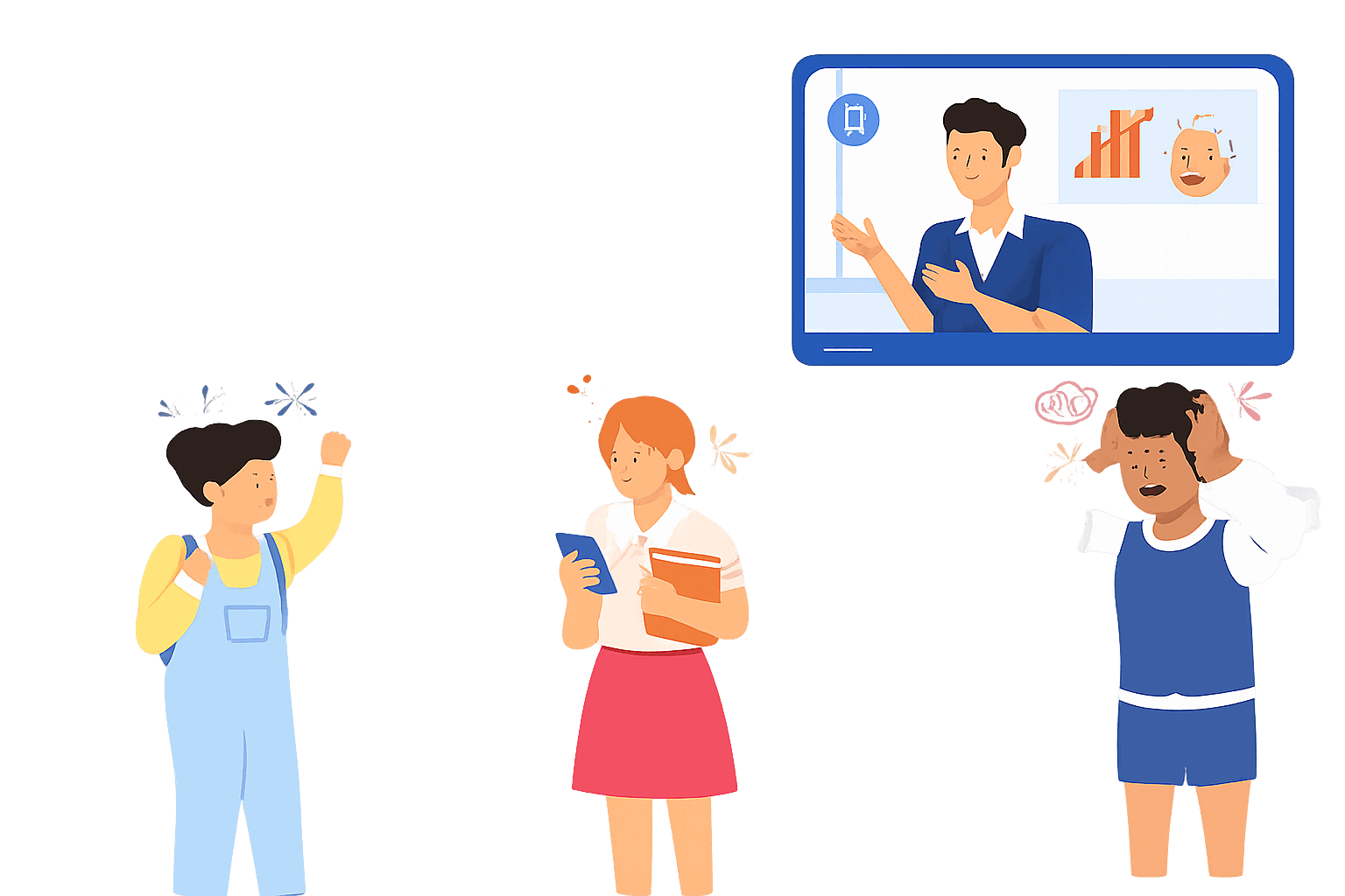 Three students showing signs of anger while an instructor presents on screen