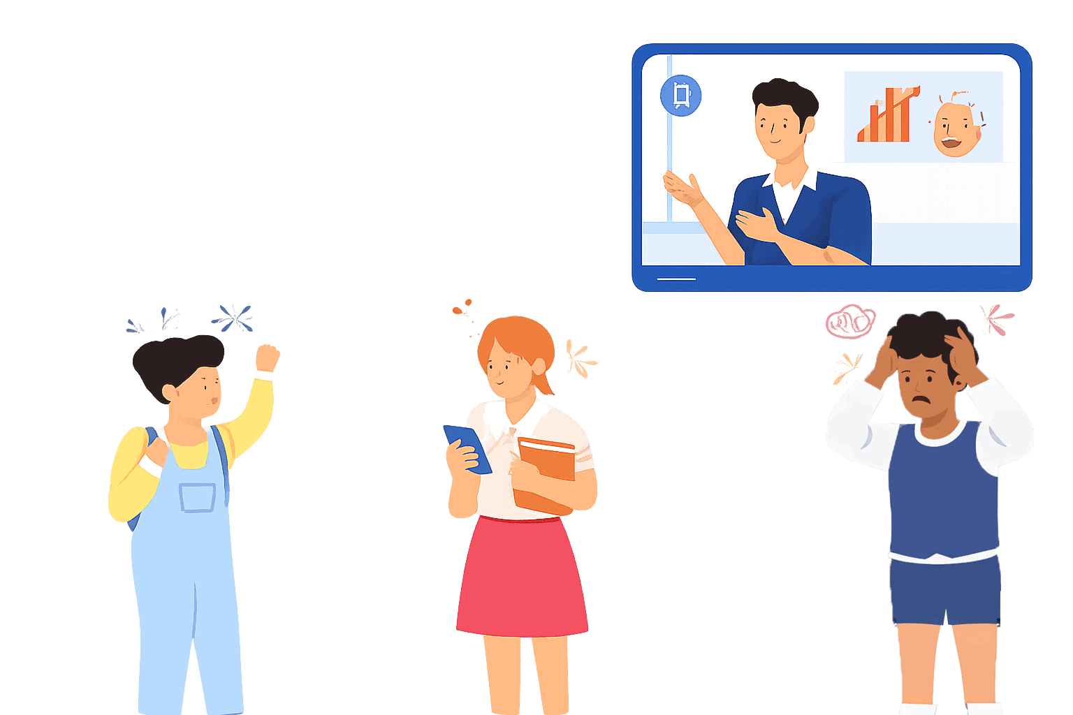 Three students showing signs of frustration while an instructor presents on screen