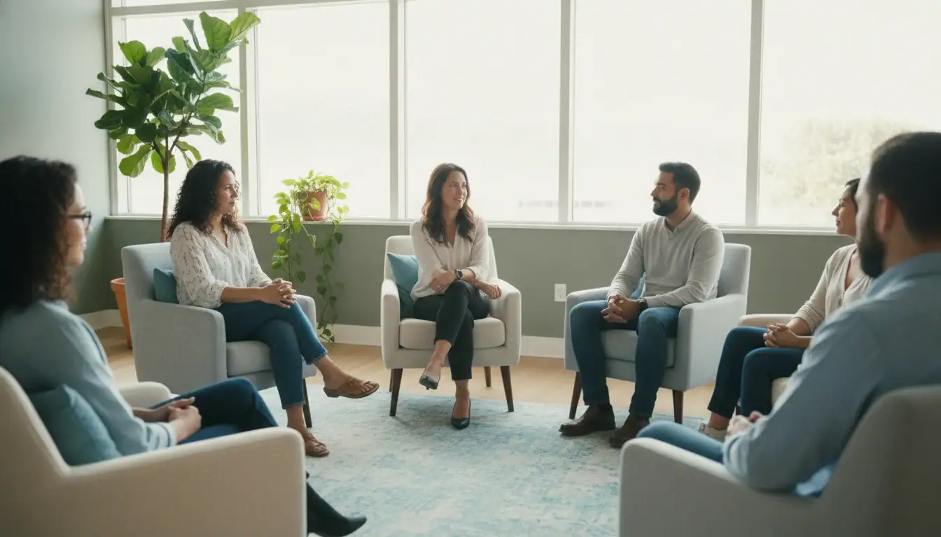 Adults seated in a relaxed semicircle during a group anger management class